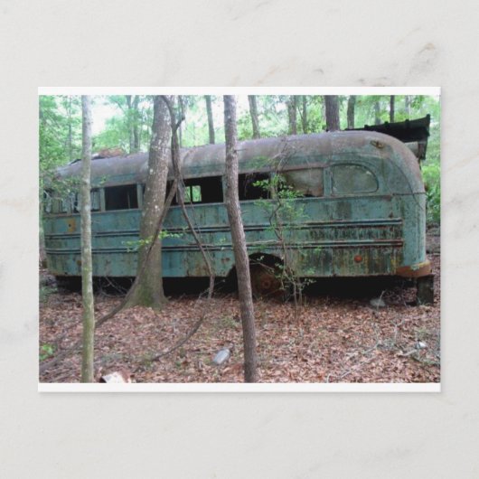 Alter grüner Bus im Wald abgeschafft Postkarte (Vorderseite)
