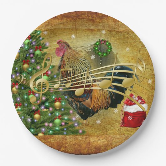 Alter Hahn singt Weihnachtslieder Pappteller (Vorderseite)