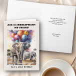 Alter ist irrelephanisch Elefanten Funny Birthday Karte<br><div class="desc">Witzige Geburtstagskarte mit Elefantentheaterstück auf den Wörtern "Alter ist irrelevant". Sie können die Kartenvorderseite und die Nachricht im Inneren personalisieren. Design zeigt Aquarellbilder von Elefanten auf der Savanne mit bunten Geburtstagsballons, die in den Himmel treiben. Fun Card mit leichtherziger, altersbezogener Spaß für Freund oder Verwandte und leicht personalisierbar mit Namen...</div>