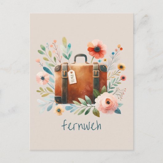 Alter Koffer mit Blumen- fernweh-personalisierbare Postkarte (Vorderseite)