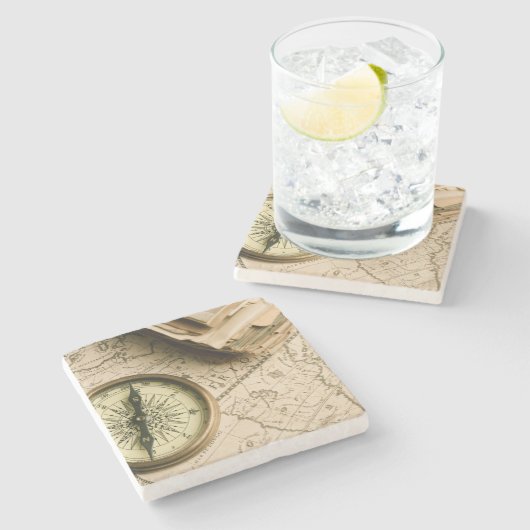 Alter Kompass über alter Karte Steinuntersetzer (Seitenansicht)