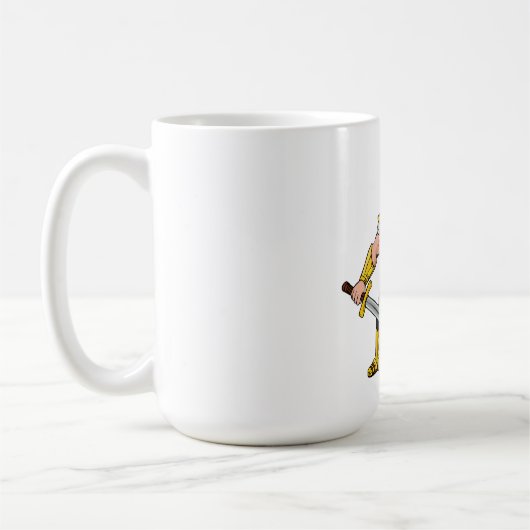Alter Krieger mit Schwert und Schild in Helm an Kaffeetasse (Links)