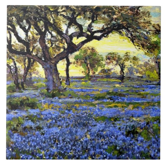 Alter lebender Eichenbaum und Bluebells  Fliese (Vorderseite)