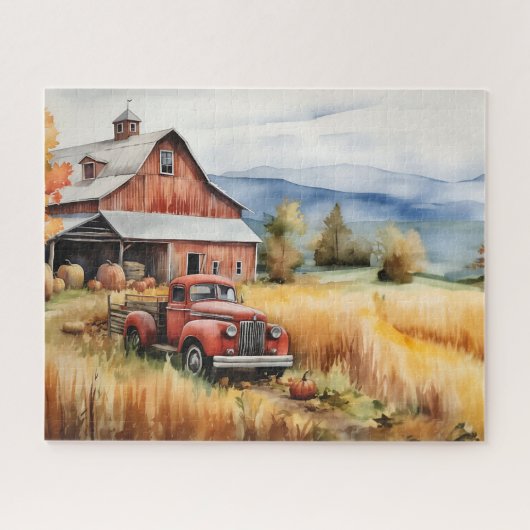 Alter Lieferwagen LKW und Roter Stall im Herbst 16 Puzzle (Horizontal)