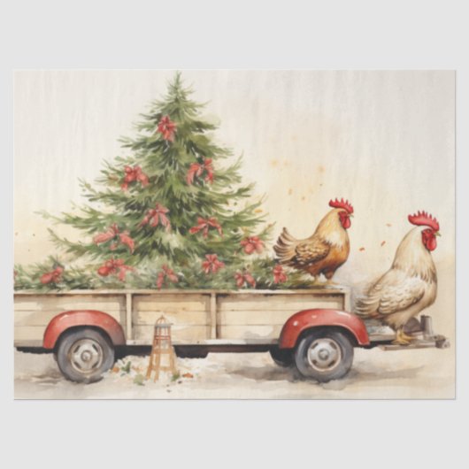 Alter LKW-Anhänger mit Winter Pine Tree & Chickens Seidenpapier (Vorderseite)