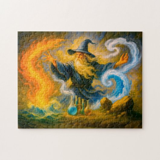 Alter Magier, der die vier Elemente im Öl beherrsc Puzzle (Horizontal)
