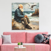 alter Mann am Meer, Möwen fliegen Leinwanddruck (Insitu (Wohnzimmer))