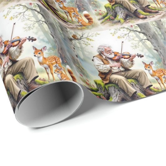 Alter Mann, der im Wald eine Geige spielt Geschenkpapier (Rolleneckpunkt)