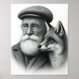 Alter Mann mit Fox Klassik Schwarz & Weiß Stift Ku Poster