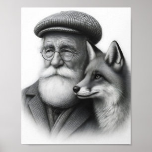 Alter Mann mit Fox Klassik Schwarz & Weiß Stift Ku Poster