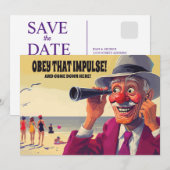Alter Mann mit Spionglas am Strand, Lustig Save The Date (Vorne/Hinten)