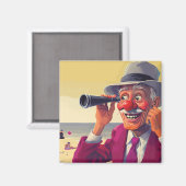 Alter Mann mit Spyglass am Strand, Funny Magnet (Vorderseite/Rückseite)