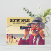 Alter Mann mit Spyglass am Strand, Funny Save The Date (Stehend Vorderseite)