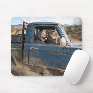Alter Mann und Labrador Retriever in einem blauen  Mousepad