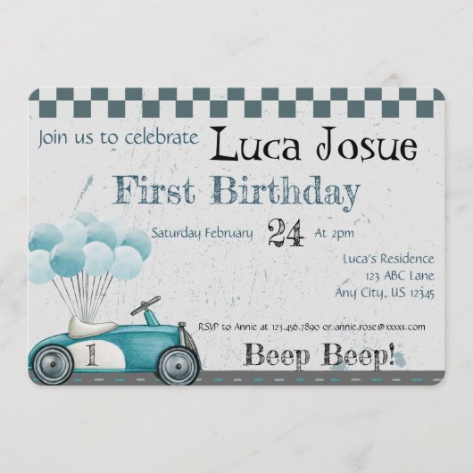 Alter Mode Auto Geburtstag, Baby Dusche Einladung (Vorderseite)