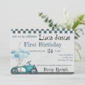 Alter Mode Auto Geburtstag, Baby Dusche Einladung (Stehend Vorderseite)