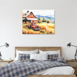 Alter Pickup-Truck und rote Scheune im Herbst 32x2 Leinwanddruck
