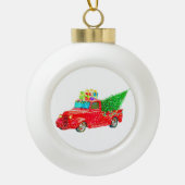 Alter roter LKW mit Geschenken und Weihnachtsbaum Keramik Kugel-Ornament (Vorderseite)