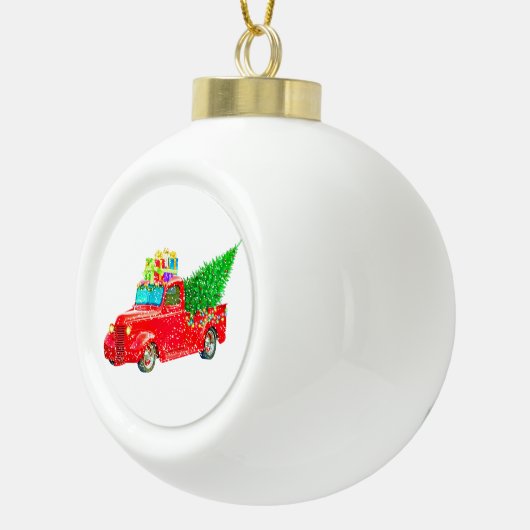 Alter roter LKW mit Geschenken und Weihnachtsbaum Keramik Kugel-Ornament (Rechts)