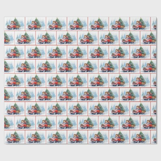 Alter roter LKW mit Weihnachtskiefer Geschenkpapier (Flach)