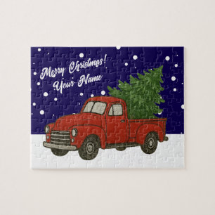 Alter roter Pickup-Truck mit Weihnachtsbaum Puzzle
