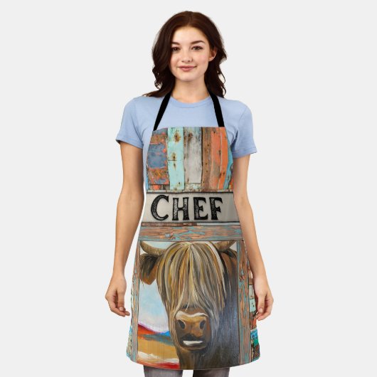 Alter rustikaler Koch Hochland-Kuh-Schürze Schürze (Getragen)