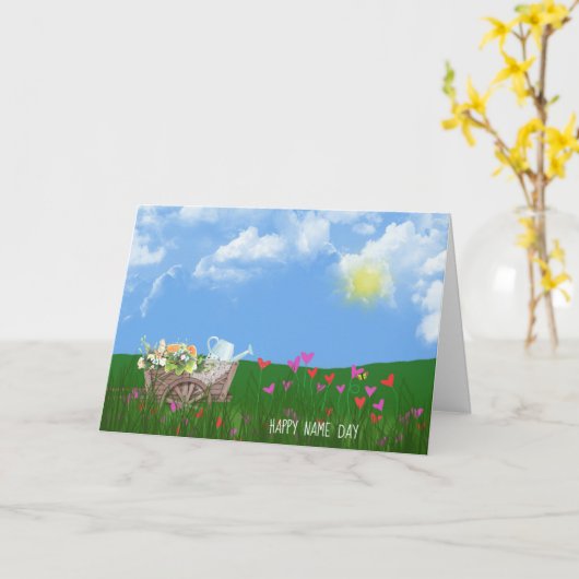 alter Schubkarren mit Blume Tag Karte (Gelbe Blume)