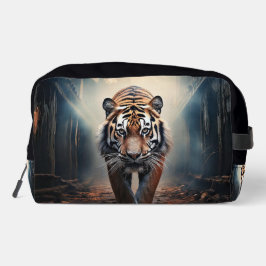 Alter schwarzer und orangefarbener Tiger in einem  Waschbeutel