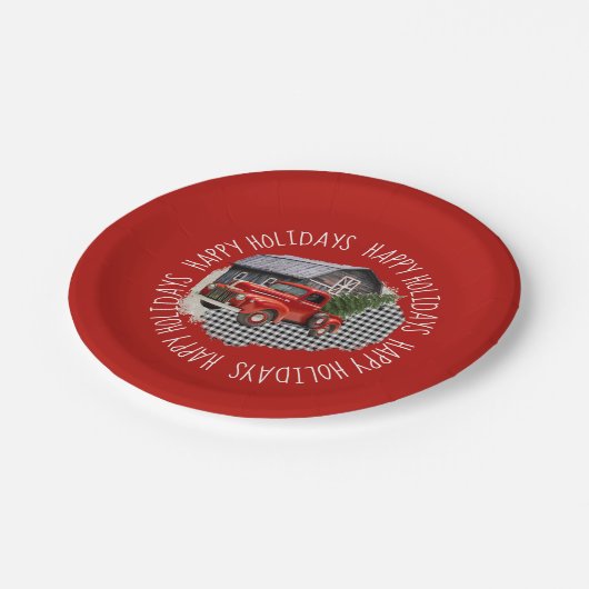 Alter Stall mit rotem LKW 7" Rundpapier Pappteller (Schrägansicht)