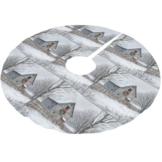 Alter Stall mit Weihnachtskranz Polyester Weihnachtsbaumdecke (Schrägansicht)