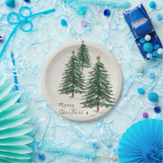Alter Stil Wasserfarbe Weihnachtsbaum im Schnee Pappteller (Party)