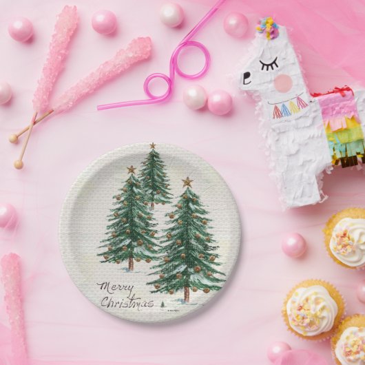 Alter Stil Wasserfarbe Weihnachtsbaum im Schnee Pappteller (Party)