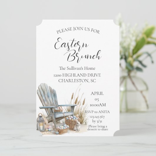 Alter Stuhl mit Eiern Osterbrunch Einladung (Stehend Vorderseite)