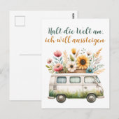 Alter Van mit Blumen- Hippiebus mit Blumen Postkarte (Vorne/Hinten)