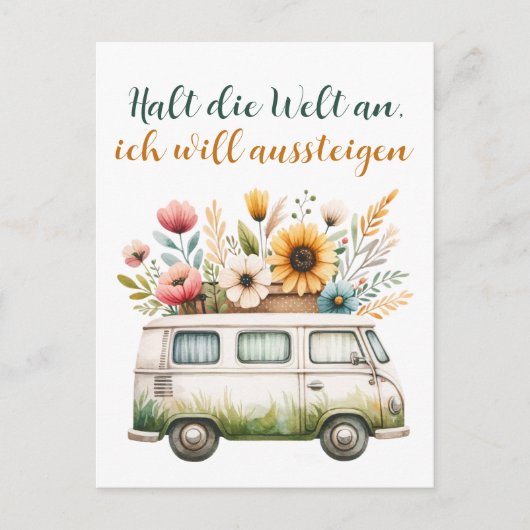 Alter Van mit Blumen- Hippiebus mit Blumen Postkarte (Vorderseite)