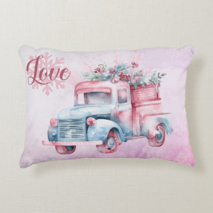 Alter Vintage-LKW in Pastellfarben Pink und Blau Dekokissen