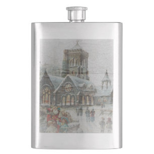 Alter Weihnachtsmann mit Kindern vor einer Kirche  Flachmann