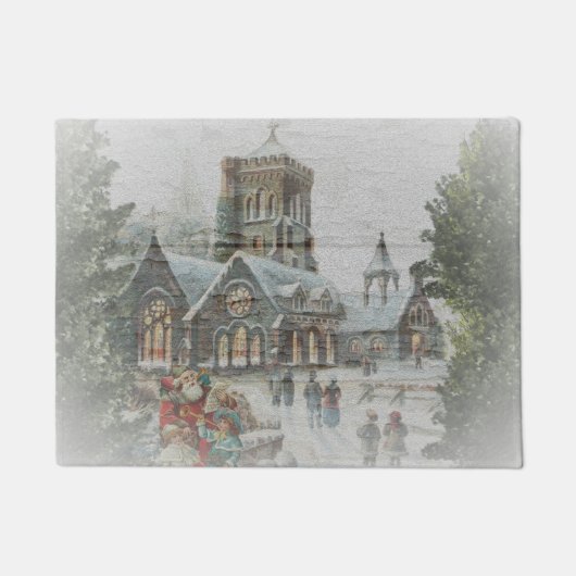 Alter Weihnachtsmann mit Kindern vor einer Kirche Fußmatte (Vorderseite)