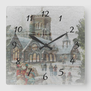 Alter Weihnachtsmann mit Kindern vor einer Kirche  Quadratische Wanduhr
