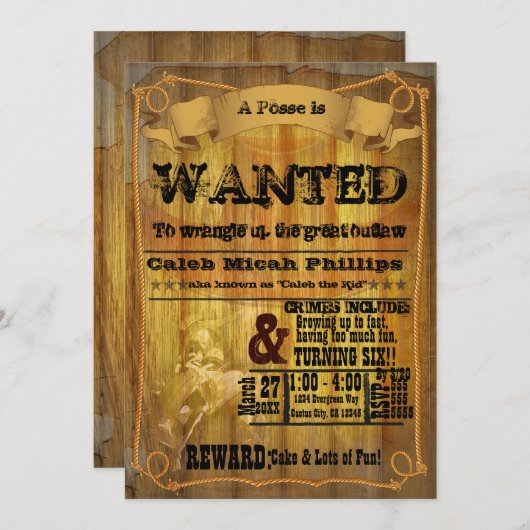 Alter Western WOLLTE Poster-Party Einladung (Vorne/Hinten)