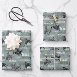 Alter Westernwagen Rodeo Cowboy Bison Grau Blau Pf Geschenkpapier Set