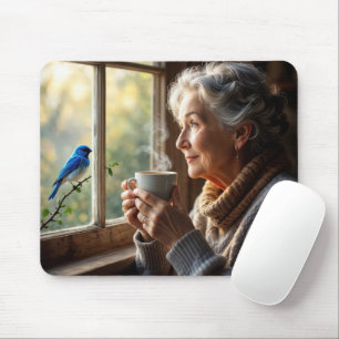 Ältere Frau beobachtet einen Blaumeise Mousepad