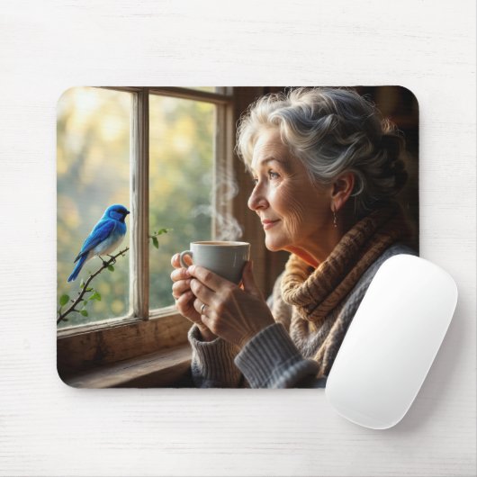 Ältere Frau beobachtet einen Blaumeise Mousepad (Mit Mouse)
