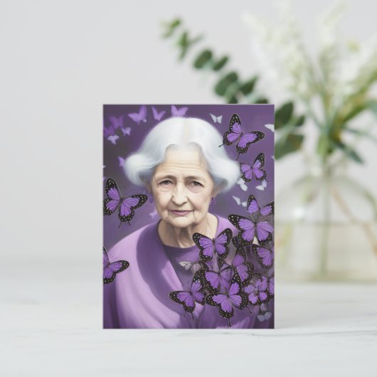 Ältere Frauen mit Lila Schmetterlingen Postkarte (Stehend Vorderseite)