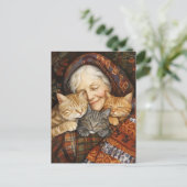 Ältere Frauen nehmen drei Katzen gemütlich ein Postkarte (Stehend Vorderseite)