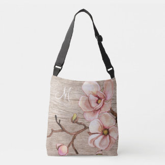 Ältere Holzmonogramm mit rosa Magnolien Tragetaschen Mit Langen Trägern