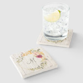 Ältere Holzmonogramm mit Rose Blumenkranz Steinuntersetzer (Seitenansicht)