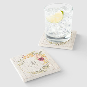 Ältere Holzmonogramm mit Rose Blumenkranz Steinuntersetzer