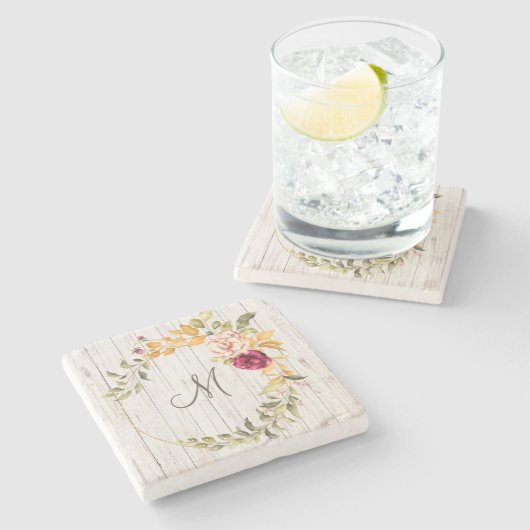 Ältere Holzmonogramm mit Rose Blumenkranz Steinuntersetzer (Seitenansicht)