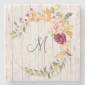 Ältere Holzmonogramm mit Rose Blumenkranz Steinuntersetzer (Vorderseite)